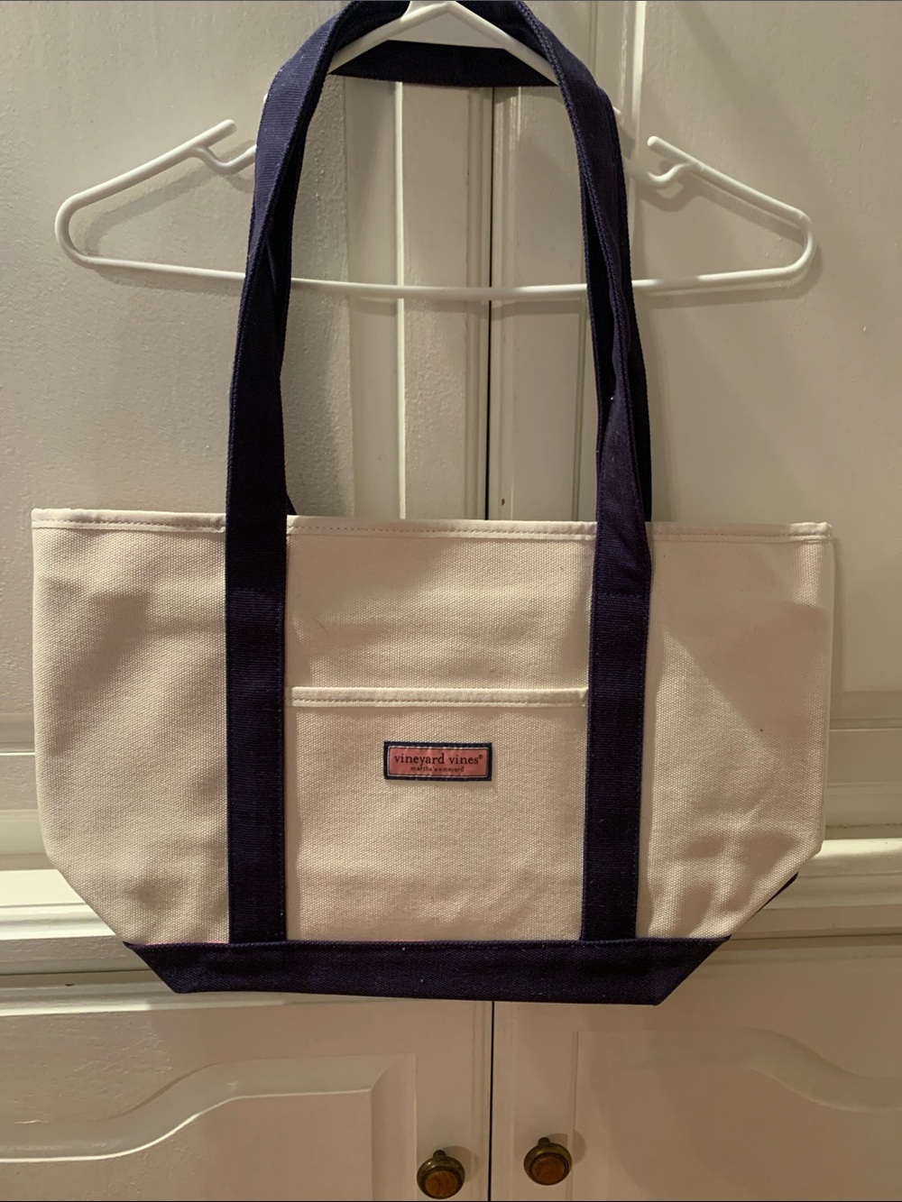 Vineyard Vines Cream Canvas Tote with Navy Straps